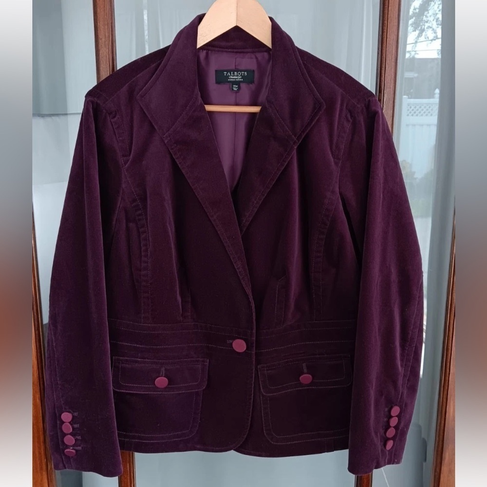 Talbots‎ 1 Button Fitted Purple Velvet Blazer Jacket Flap Pockets 14 Petite Luxe